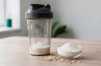 Compléments de prise de masse disposés sur une surface claire : shaker, whey, créatine et flocons d'avoine, dans une lumière naturelle douce.