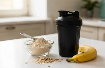 Shaker et poudre de whey sur un plan de travail clair, ambiance naturelle et épurée.